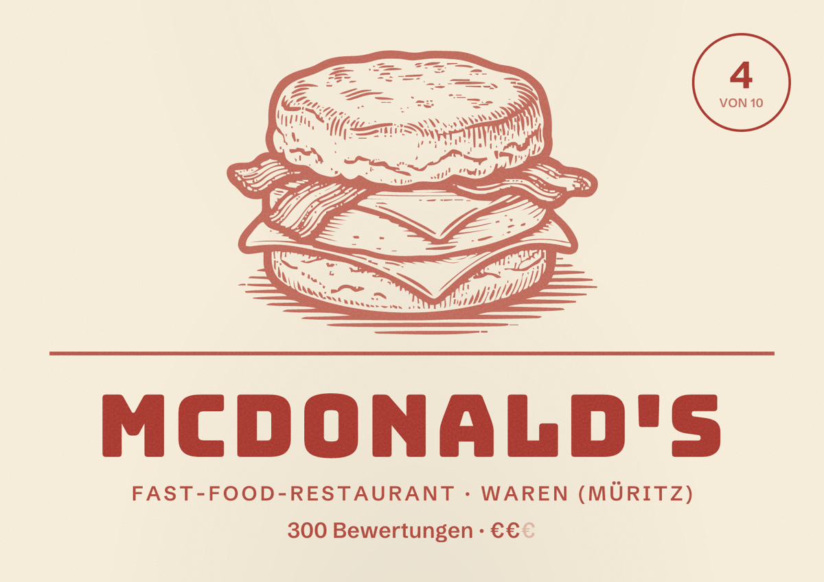 Illustriertes Poster von McDonald's, Fast-Food-Restaurant in Waren (Müritz): Bewertung 4 von 10 aus 300 Bewertungen, Preisniveau €€