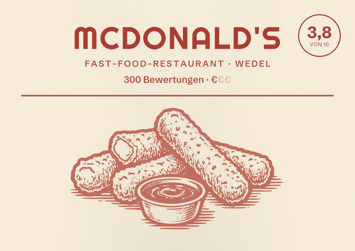 Illustriertes Poster von McDonald's, Fast-Food-Restaurant in Wedel: Bewertung 3,8 von 10 aus 300 Bewertungen, Preisniveau €