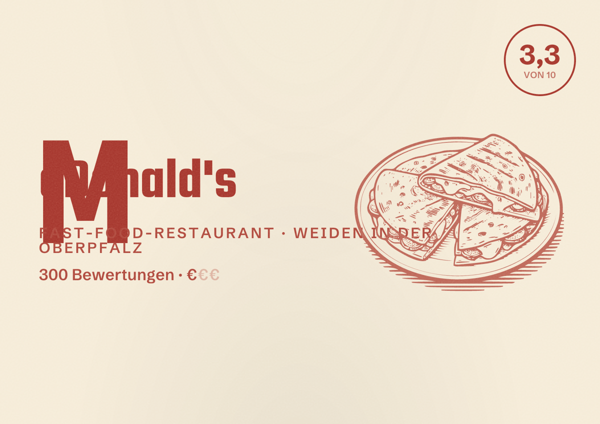 Illustriertes Poster von McDonald's, Fast-Food-Restaurant in Weiden in der Oberpfalz: Bewertung 3,3 von 10 aus 300 Bewertungen, Preisniveau €