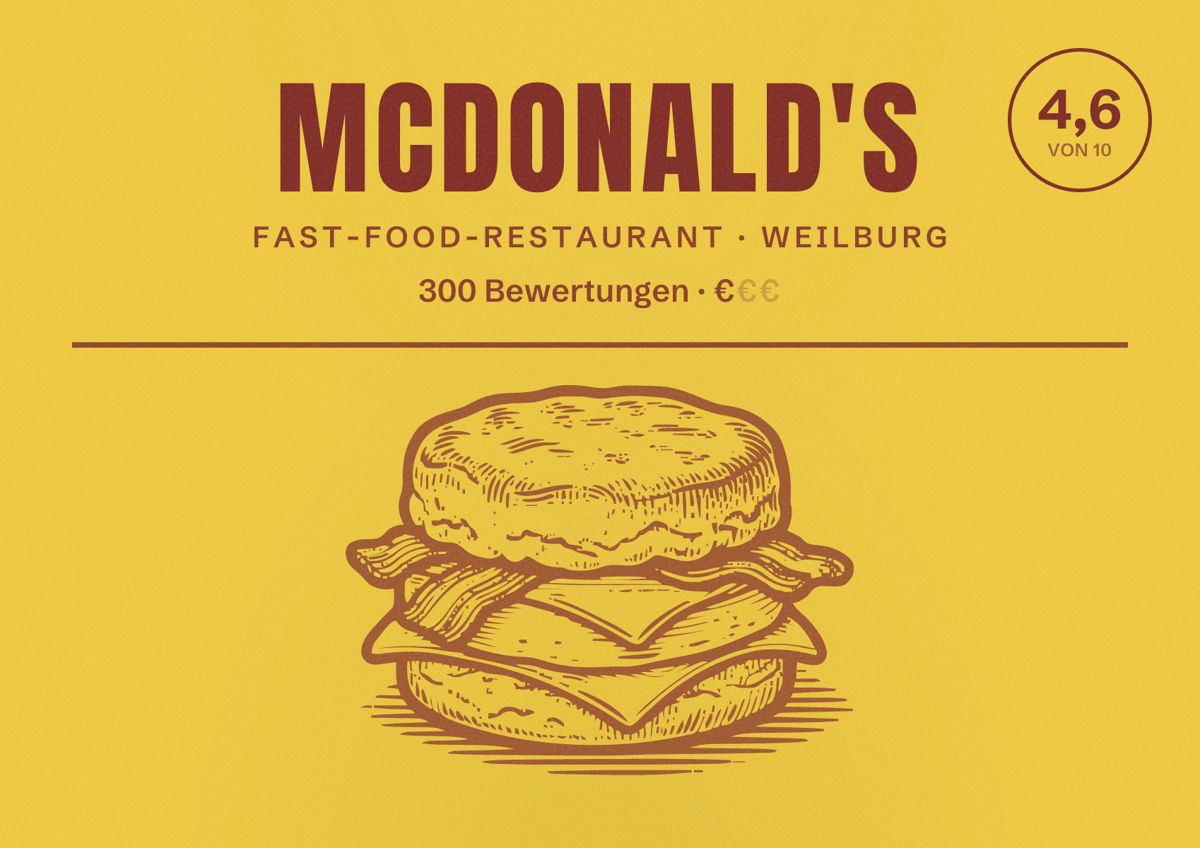 Illustriertes Poster von McDonald's, Fast-Food-Restaurant in Weilburg: Bewertung 4,6 von 10 aus 300 Bewertungen, Preisniveau €