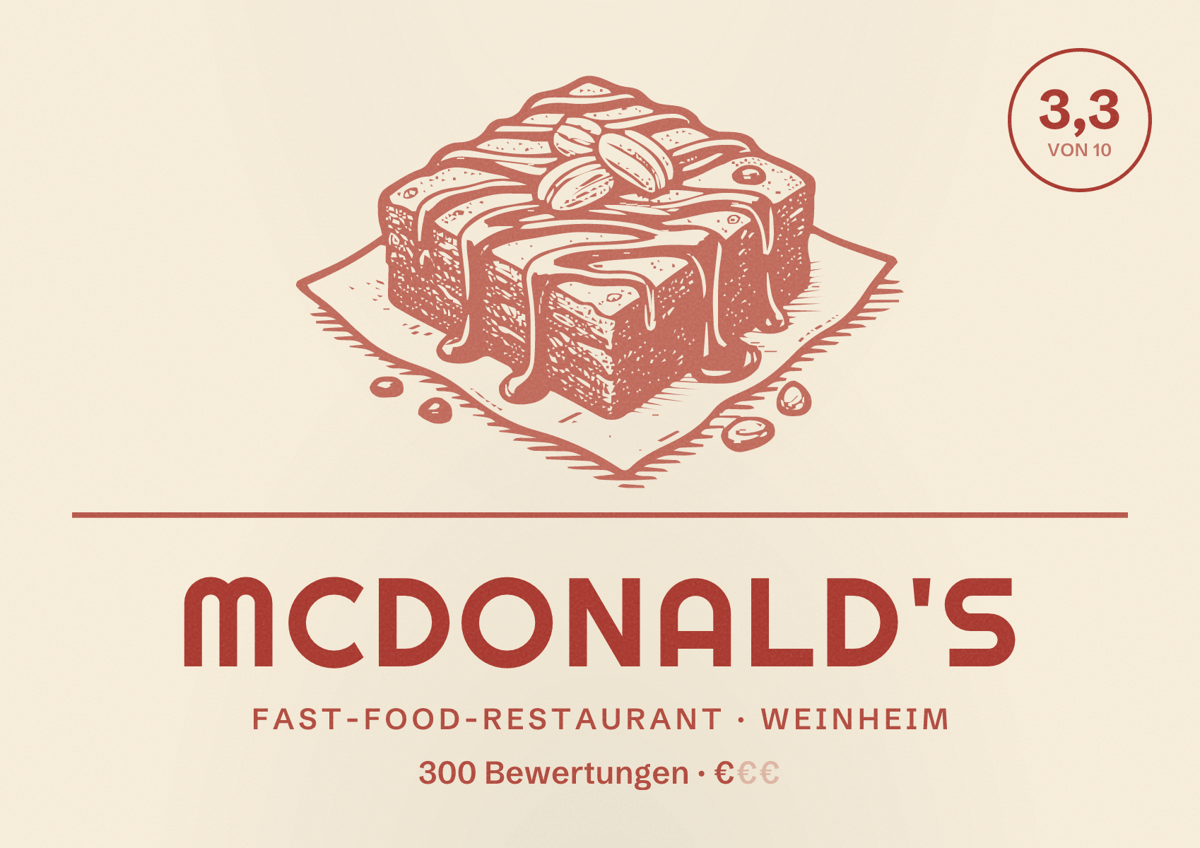 Illustriertes Poster von McDonald's, Fast-Food-Restaurant in Weinheim: Bewertung 3,3 von 10 aus 300 Bewertungen, Preisniveau €