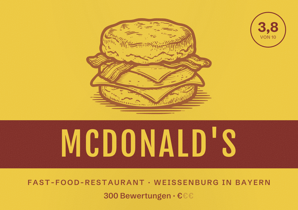 Illustriertes Poster von McDonald's, Fast-Food-Restaurant in Weißenburg in Bayern: Bewertung 3,8 von 10 aus 300 Bewertungen, Preisniveau €