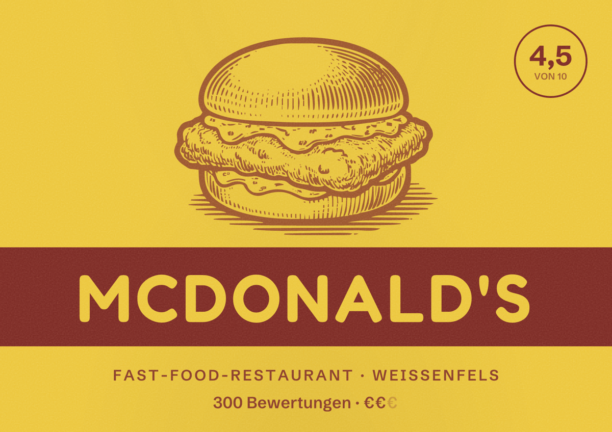 Illustriertes Poster von McDonald's, Fast-Food-Restaurant in Weißenfels: Bewertung 4,5 von 10 aus 300 Bewertungen, Preisniveau €€
