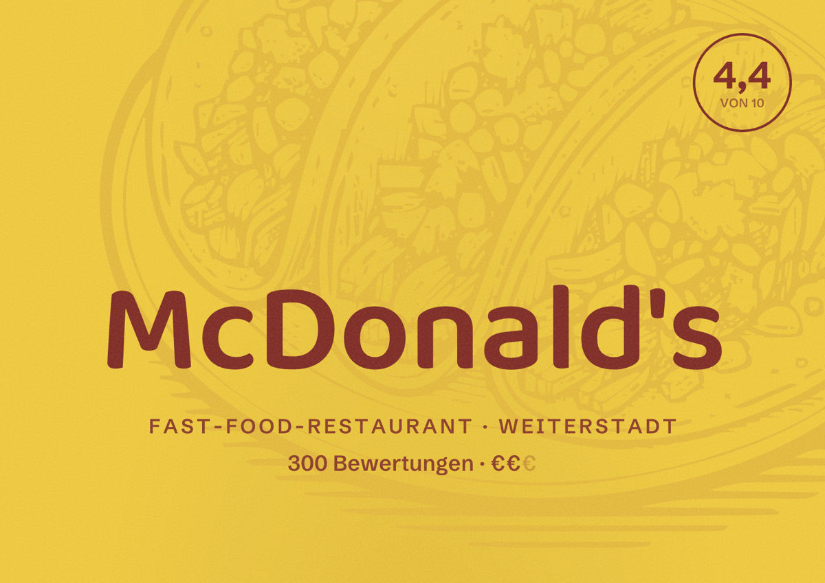 Illustriertes Poster von McDonald's, Fast-Food-Restaurant in Weiterstadt: Bewertung 4,4 von 10 aus 300 Bewertungen, Preisniveau €€