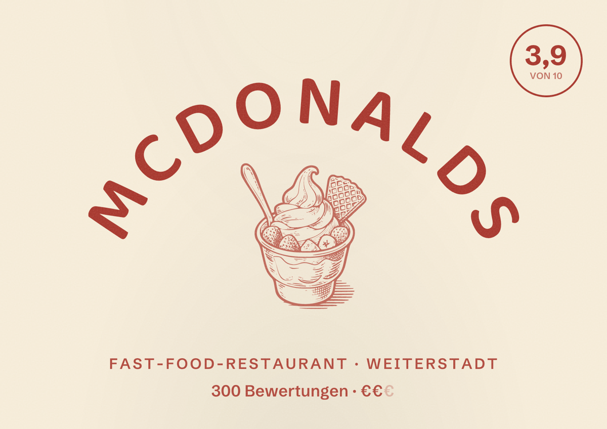 Illustriertes Poster von McDonalds, Fast-Food-Restaurant in Weiterstadt: Bewertung 3,9 von 10 aus 300 Bewertungen, Preisniveau €€
