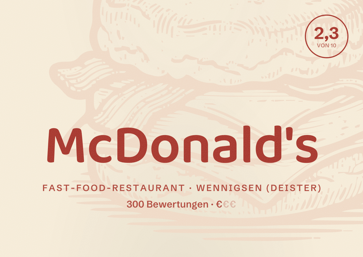 Illustriertes Poster von McDonald's, Fast-Food-Restaurant in Wennigsen (Deister): Bewertung 2,3 von 10 aus 300 Bewertungen, Preisniveau €