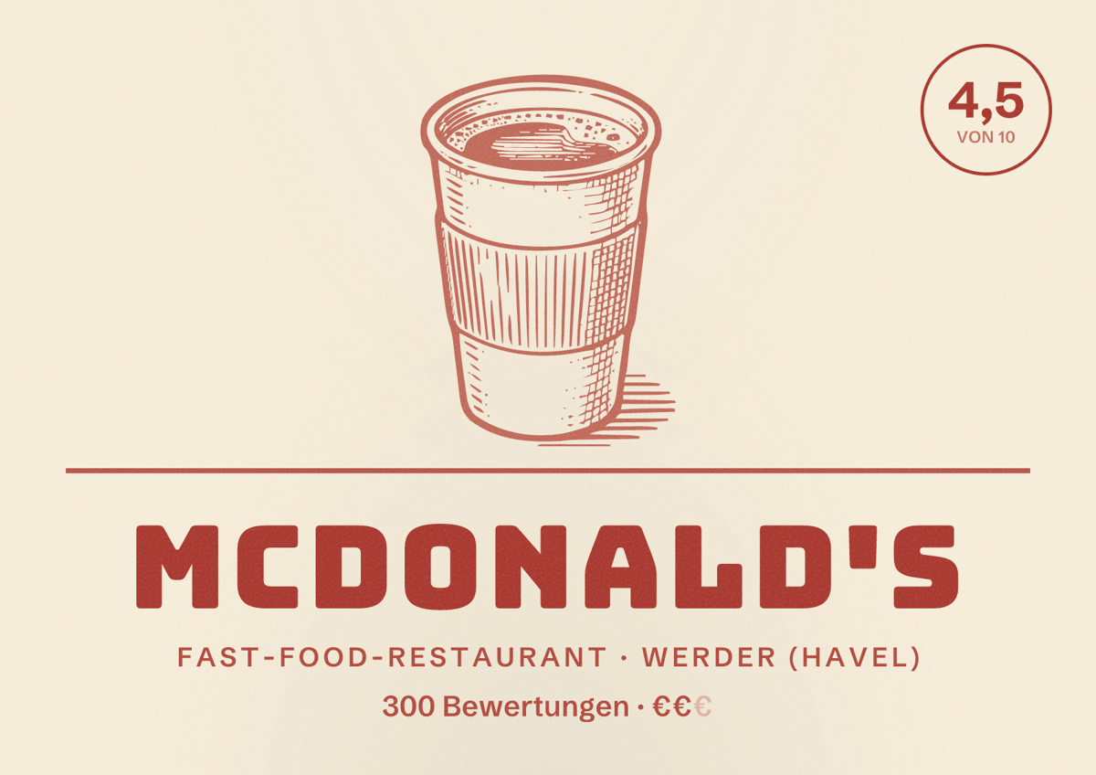 Illustriertes Poster von McDonald's, Fast-Food-Restaurant in Werder (Havel): Bewertung 4,5 von 10 aus 300 Bewertungen, Preisniveau €€