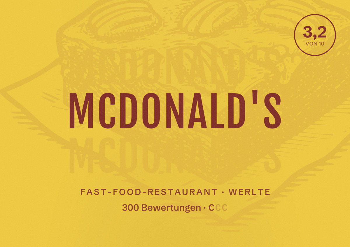 Illustriertes Poster von McDonald's, Fast-Food-Restaurant in Werlte: Bewertung 3,2 von 10 aus 300 Bewertungen, Preisniveau €