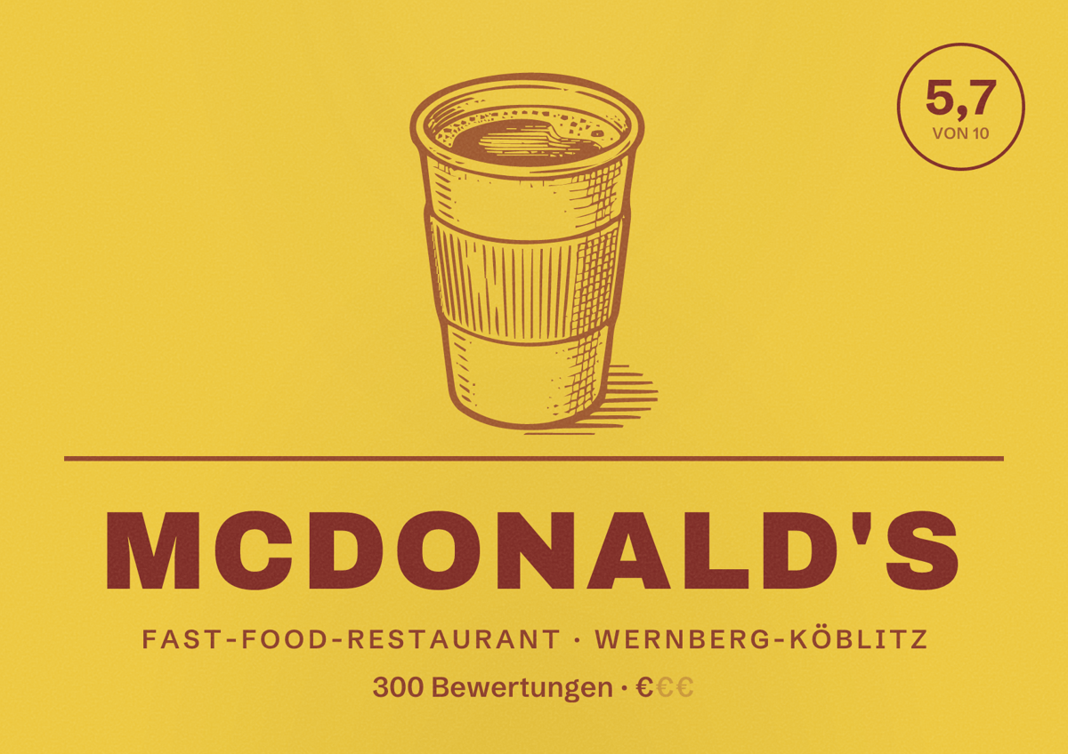 Illustriertes Poster von McDonald's, Fast-Food-Restaurant in Wernberg-Köblitz: Bewertung 5,7 von 10 aus 300 Bewertungen, Preisniveau €