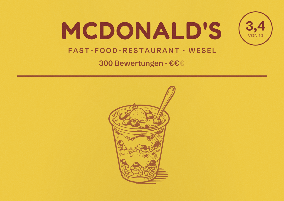 Illustriertes Poster von McDonald's, Fast-Food-Restaurant in Wesel: Bewertung 3,4 von 10 aus 300 Bewertungen, Preisniveau €€