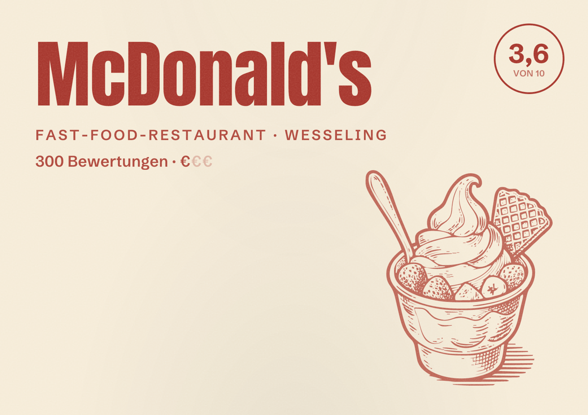 Illustriertes Poster von McDonald's, Fast-Food-Restaurant in Wesseling: Bewertung 3,6 von 10 aus 300 Bewertungen, Preisniveau €