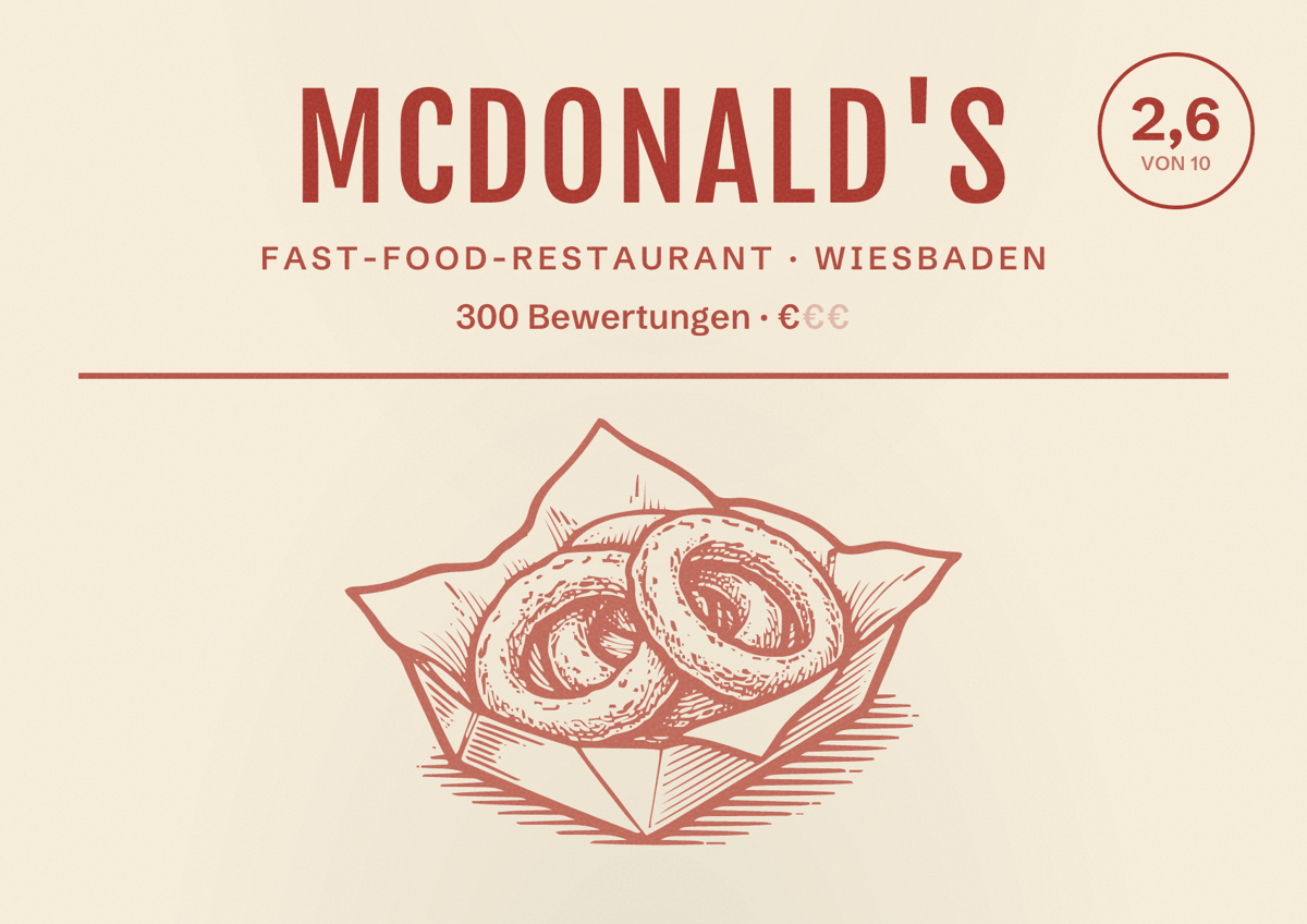 Illustriertes Poster von McDonald's, Fast-Food-Restaurant in Wiesbaden: Bewertung 2,6 von 10 aus 300 Bewertungen, Preisniveau €
