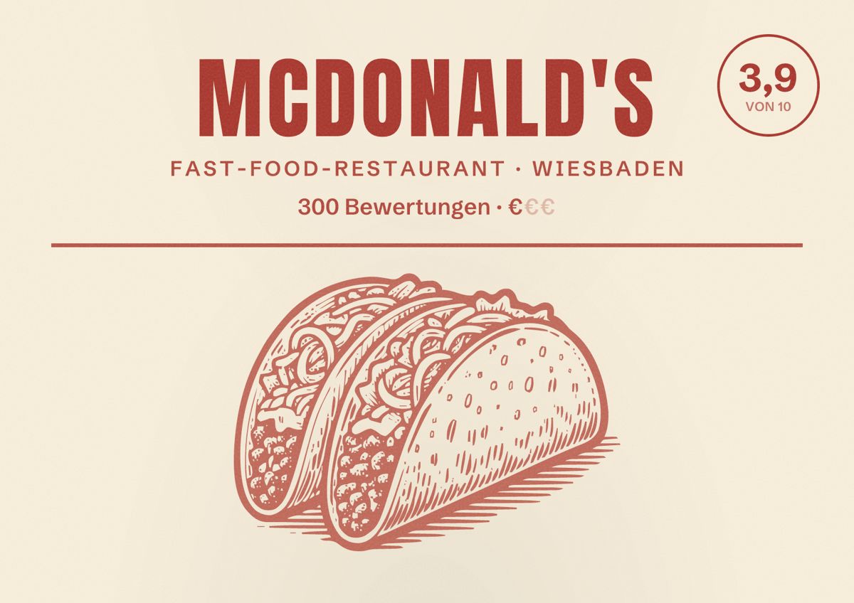 Illustriertes Poster von McDonald's, Fast-Food-Restaurant in Wiesbaden: Bewertung 3,9 von 10 aus 300 Bewertungen, Preisniveau €