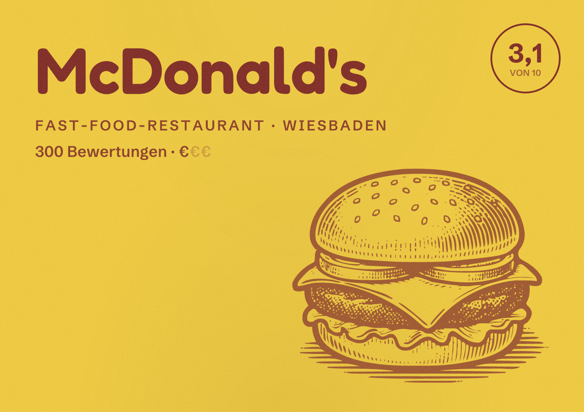 Illustriertes Poster von McDonald's, Fast-Food-Restaurant in Wiesbaden: Bewertung 3,1 von 10 aus 300 Bewertungen, Preisniveau €