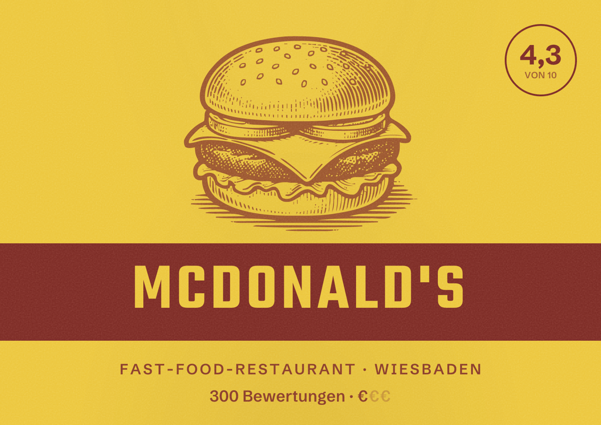 Illustriertes Poster von McDonald's, Fast-Food-Restaurant in Wiesbaden: Bewertung 4,3 von 10 aus 300 Bewertungen, Preisniveau €