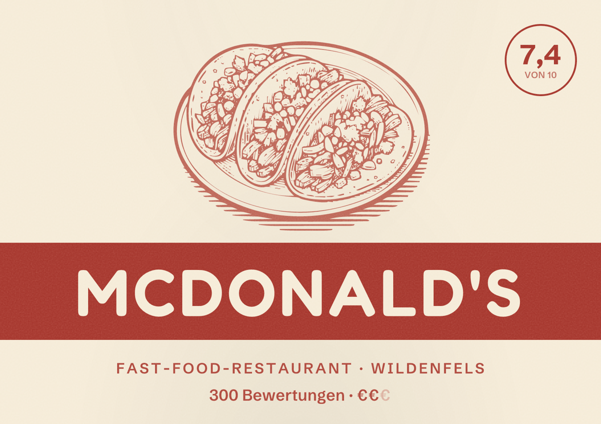 Illustriertes Poster von McDonald's, Fast-Food-Restaurant in Wildenfels: Bewertung 7,4 von 10 aus 300 Bewertungen, Preisniveau €€