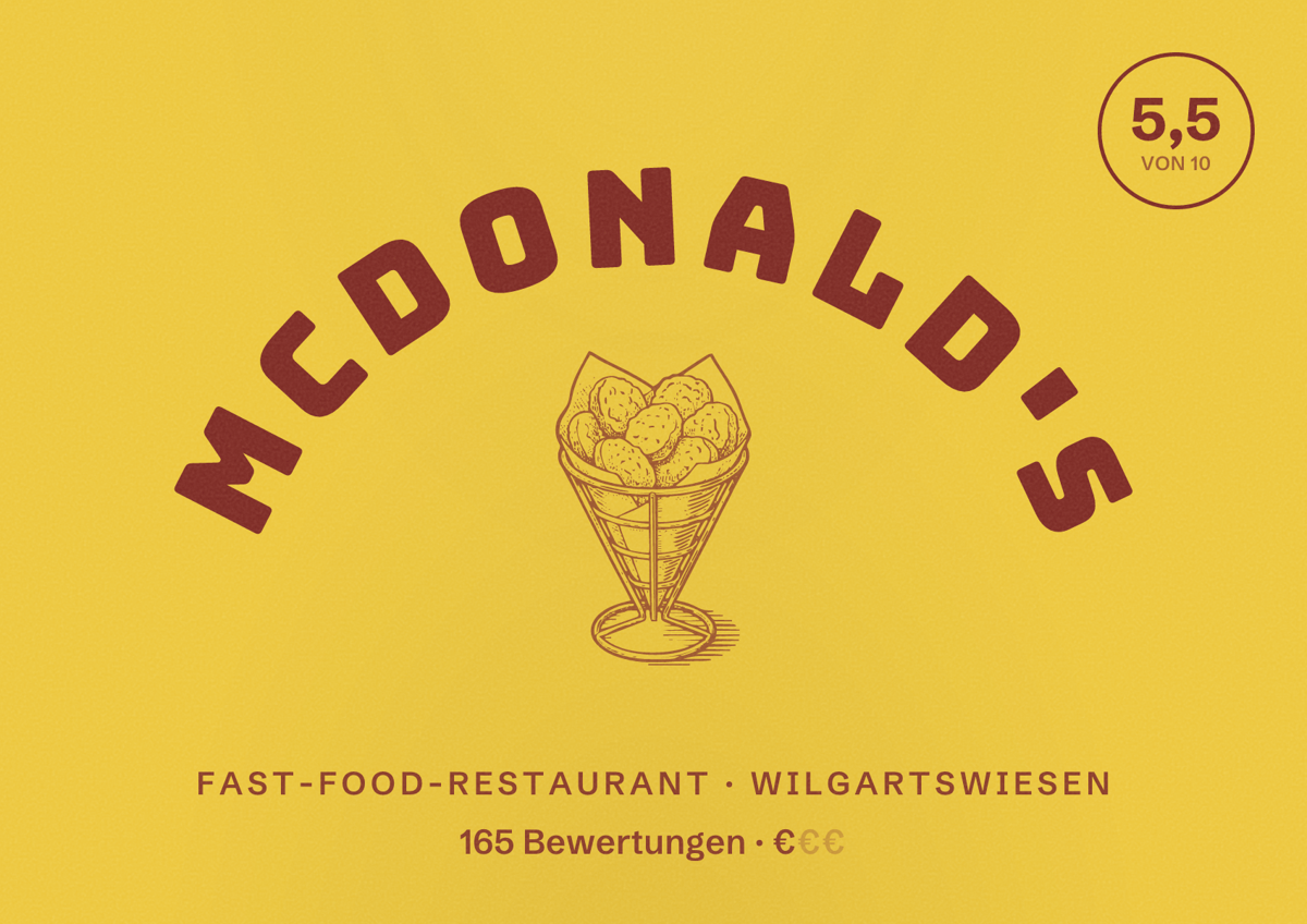 Illustriertes Poster von McDonald's, Fast-Food-Restaurant in Wilgartswiesen: Bewertung 5,5 von 10 aus 165 Bewertungen, Preisniveau €