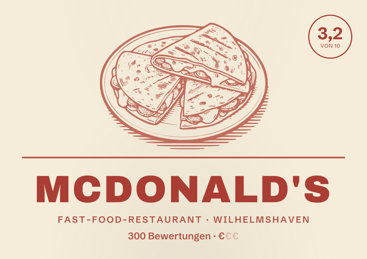 Illustriertes Poster von McDonald's, Fast-Food-Restaurant in Wilhelmshaven: Bewertung 3,2 von 10 aus 300 Bewertungen, Preisniveau €