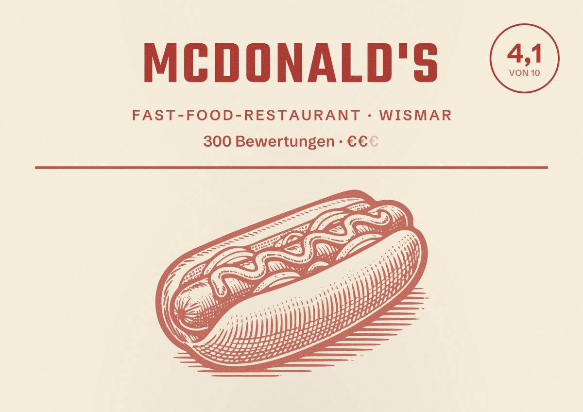 Illustriertes Poster von McDonald's, Fast-Food-Restaurant in Wismar: Bewertung 4,1 von 10 aus 300 Bewertungen, Preisniveau €€