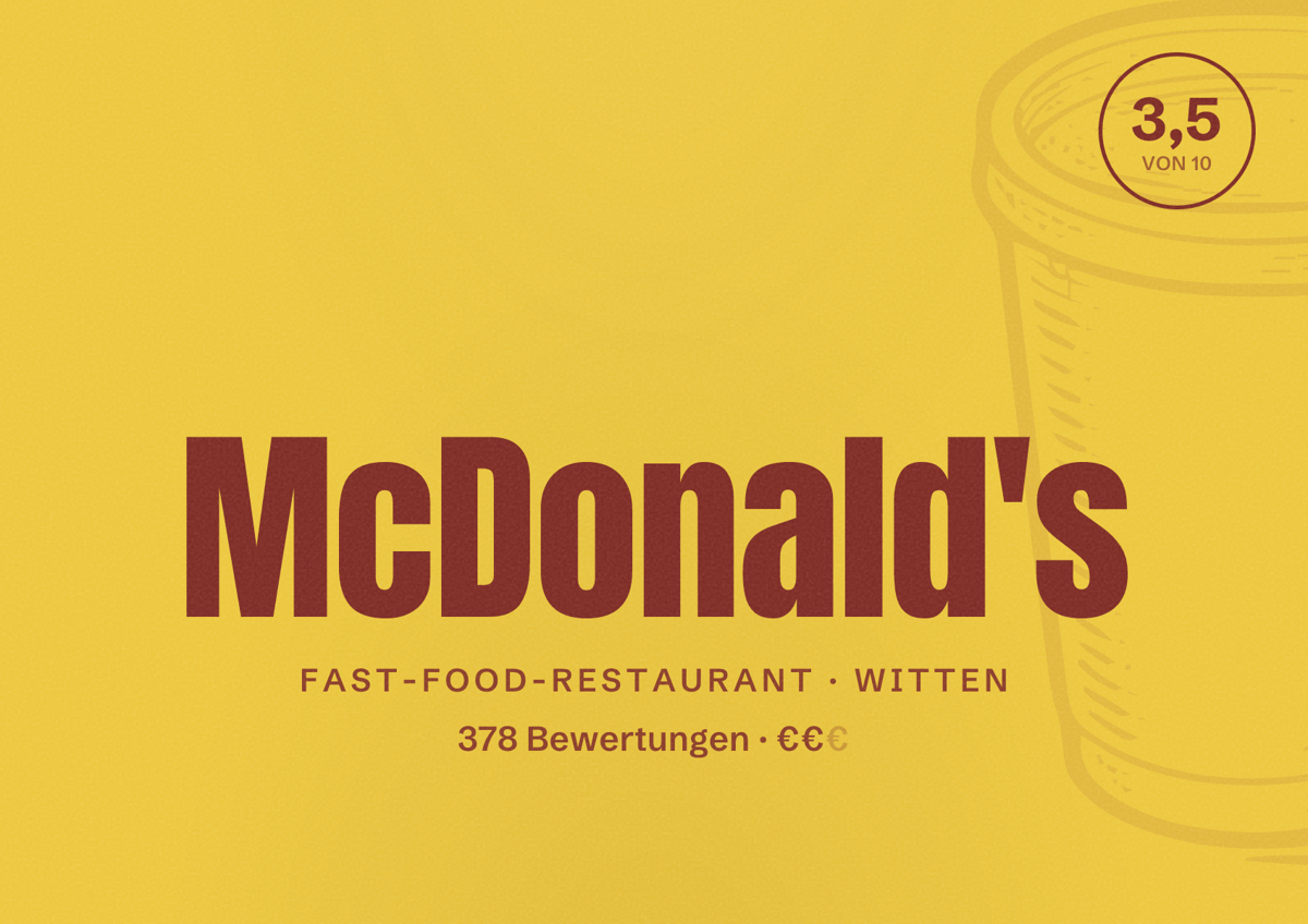 Illustriertes Poster von McDonald's, Fast-Food-Restaurant in Witten: Bewertung 3,5 von 10 aus 378 Bewertungen, Preisniveau €€