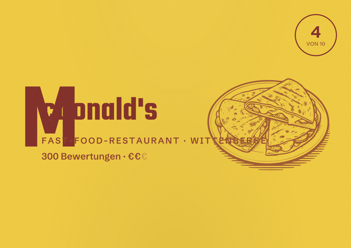 Illustriertes Poster von McDonald's, Fast-Food-Restaurant in Wittenberge: Bewertung 4 von 10 aus 300 Bewertungen, Preisniveau €€
