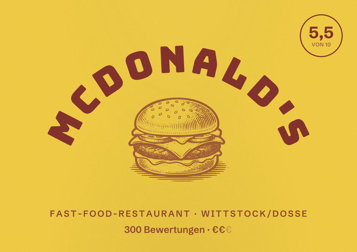 Illustriertes Poster von McDonald's, Fast-Food-Restaurant in Wittstock/Dosse: Bewertung 5,5 von 10 aus 300 Bewertungen, Preisniveau €€