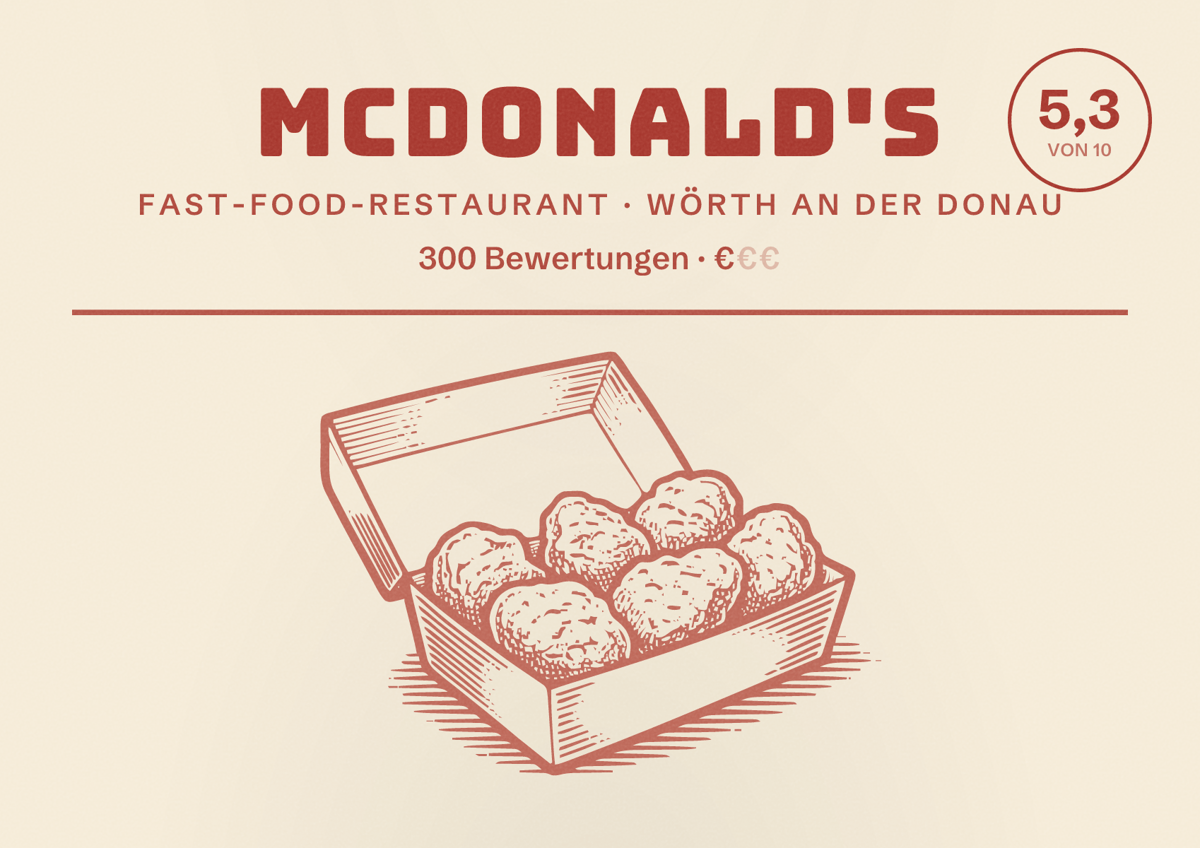 Illustriertes Poster von McDonald's, Fast-Food-Restaurant in Wörth an der Donau: Bewertung 5,3 von 10 aus 300 Bewertungen, Preisniveau €