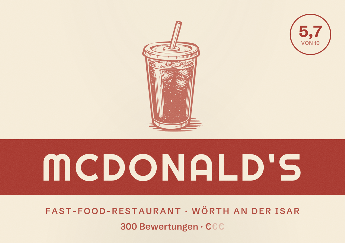 Illustriertes Poster von McDonald's, Fast-Food-Restaurant in Wörth an der Isar: Bewertung 5,7 von 10 aus 300 Bewertungen, Preisniveau €