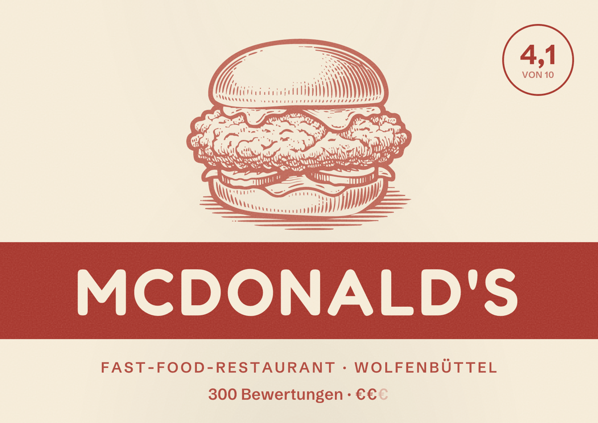 Illustriertes Poster von McDonald's, Fast-Food-Restaurant in Wolfenbüttel: Bewertung 4,1 von 10 aus 300 Bewertungen, Preisniveau €€