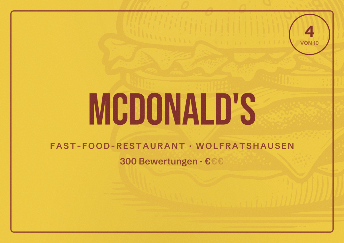 Illustriertes Poster von McDonald's, Fast-Food-Restaurant in Wolfratshausen: Bewertung 4 von 10 aus 300 Bewertungen, Preisniveau €