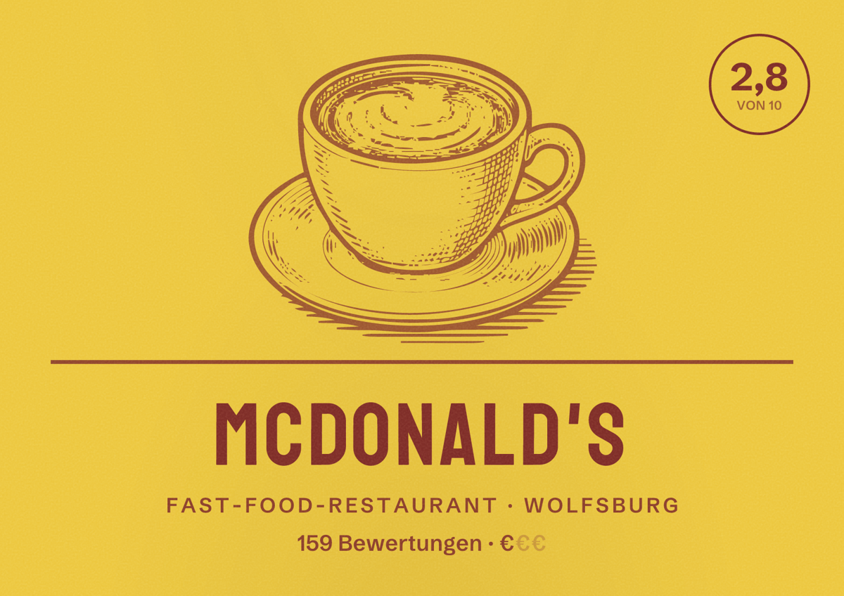 Illustriertes Poster von McDonald's, Fast-Food-Restaurant in Wolfsburg: Bewertung 2,8 von 10 aus 159 Bewertungen, Preisniveau €