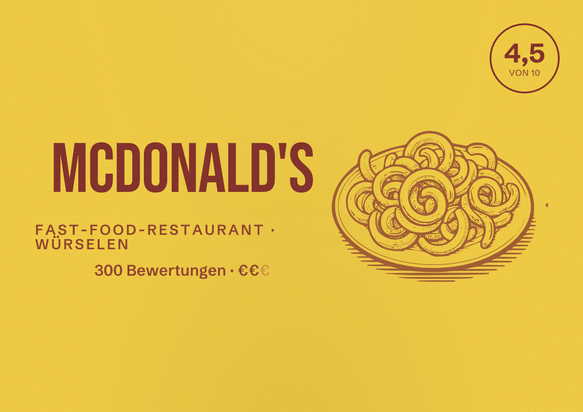 Illustriertes Poster von McDonald's, Fast-Food-Restaurant in Würselen: Bewertung 4,5 von 10 aus 300 Bewertungen, Preisniveau €€