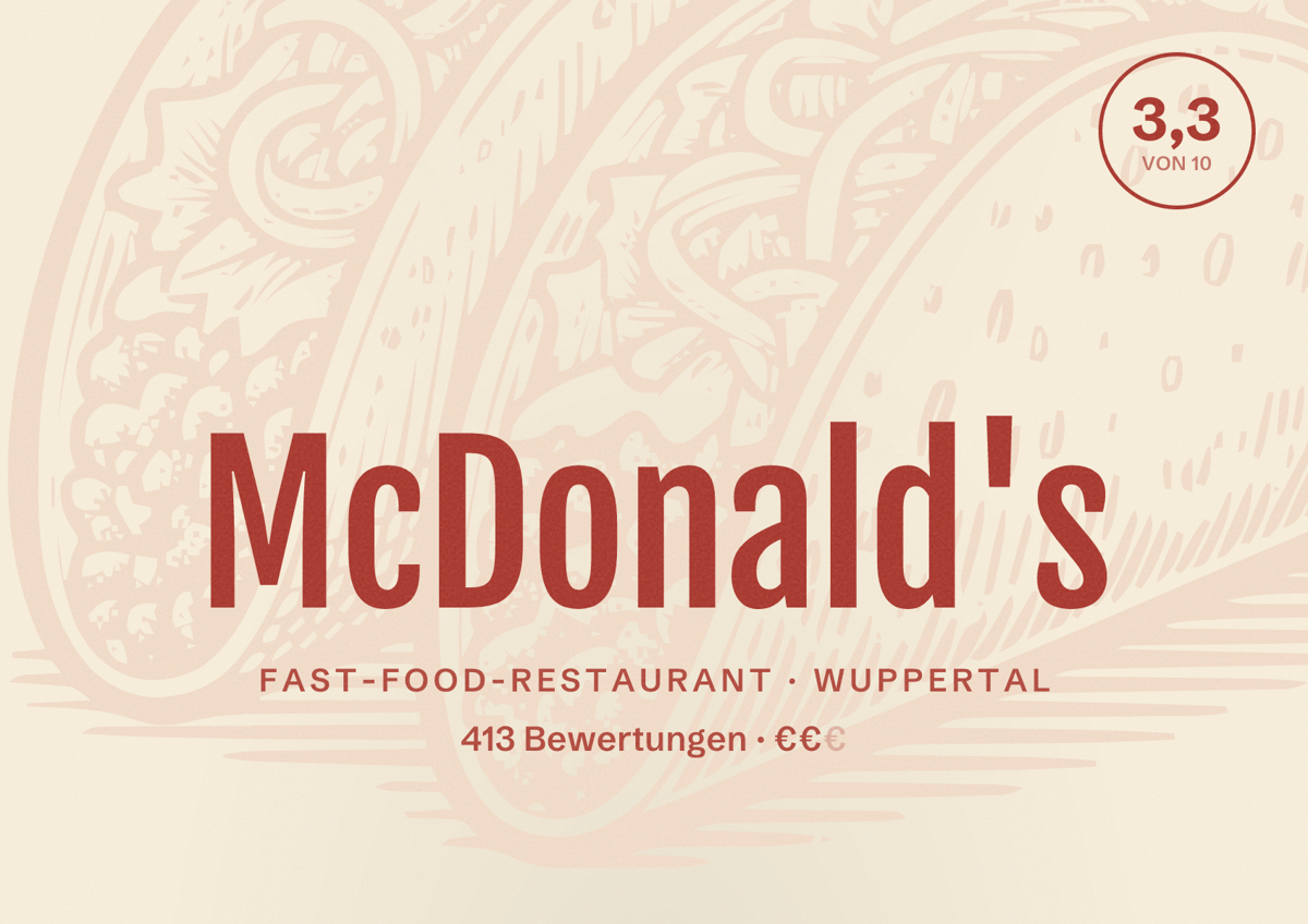 Illustriertes Poster von McDonald's, Fast-Food-Restaurant in Wuppertal: Bewertung 3,3 von 10 aus 413 Bewertungen, Preisniveau €€