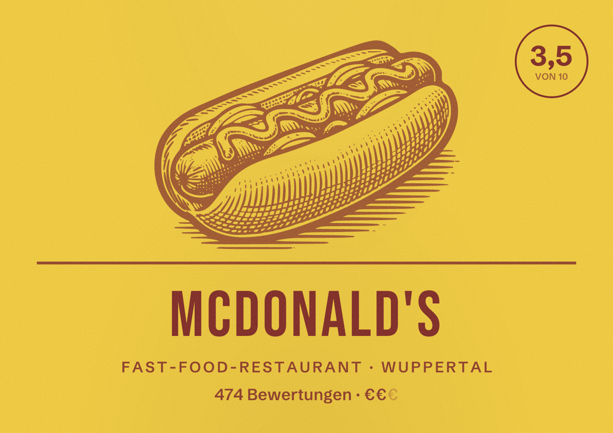 Illustriertes Poster von McDonald's, Fast-Food-Restaurant in Wuppertal: Bewertung 3,5 von 10 aus 474 Bewertungen, Preisniveau €€