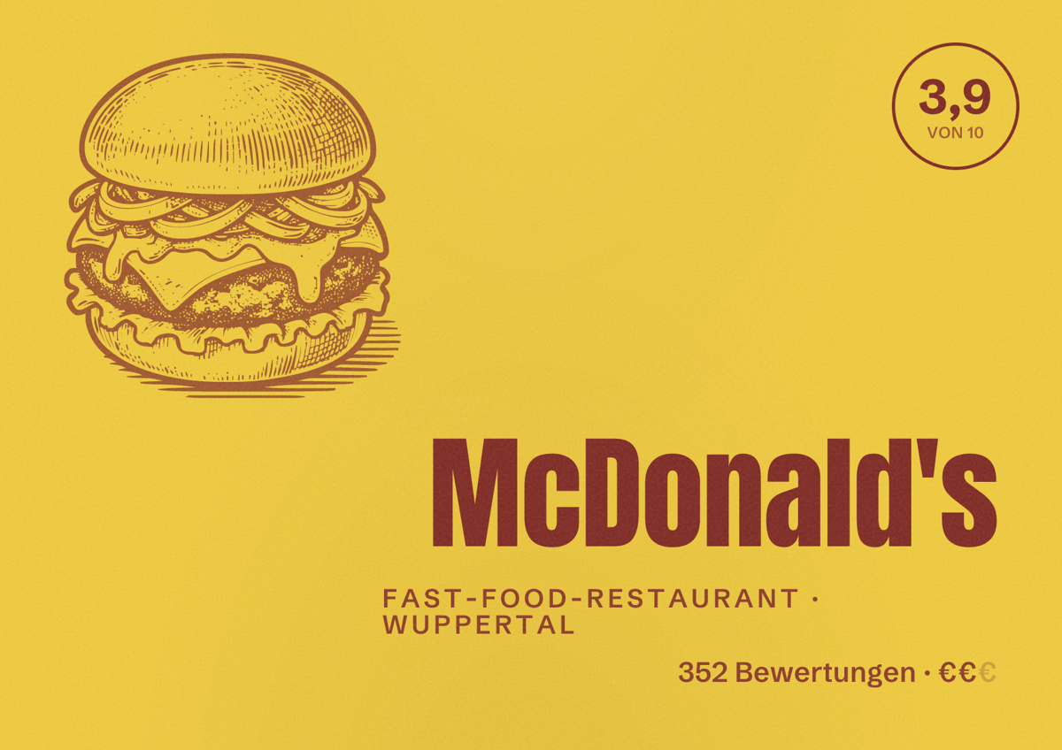 Illustriertes Poster von McDonald's, Fast-Food-Restaurant in Wuppertal: Bewertung 3,9 von 10 aus 352 Bewertungen, Preisniveau €€