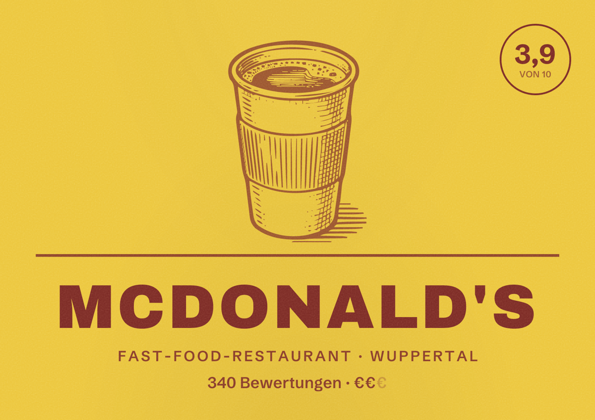 Illustriertes Poster von McDonald's, Fast-Food-Restaurant in Wuppertal: Gästebewertung 3,9 von 10 aus 340 Bewertungen