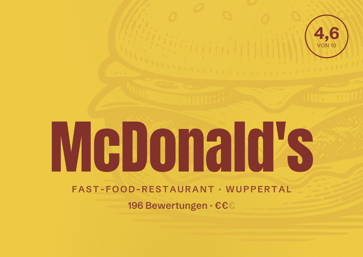 Illustriertes Poster von McDonald's, Fast-Food-Restaurant in Wuppertal: Bewertung 4,6 von 10 aus 196 Bewertungen, Preisniveau €€