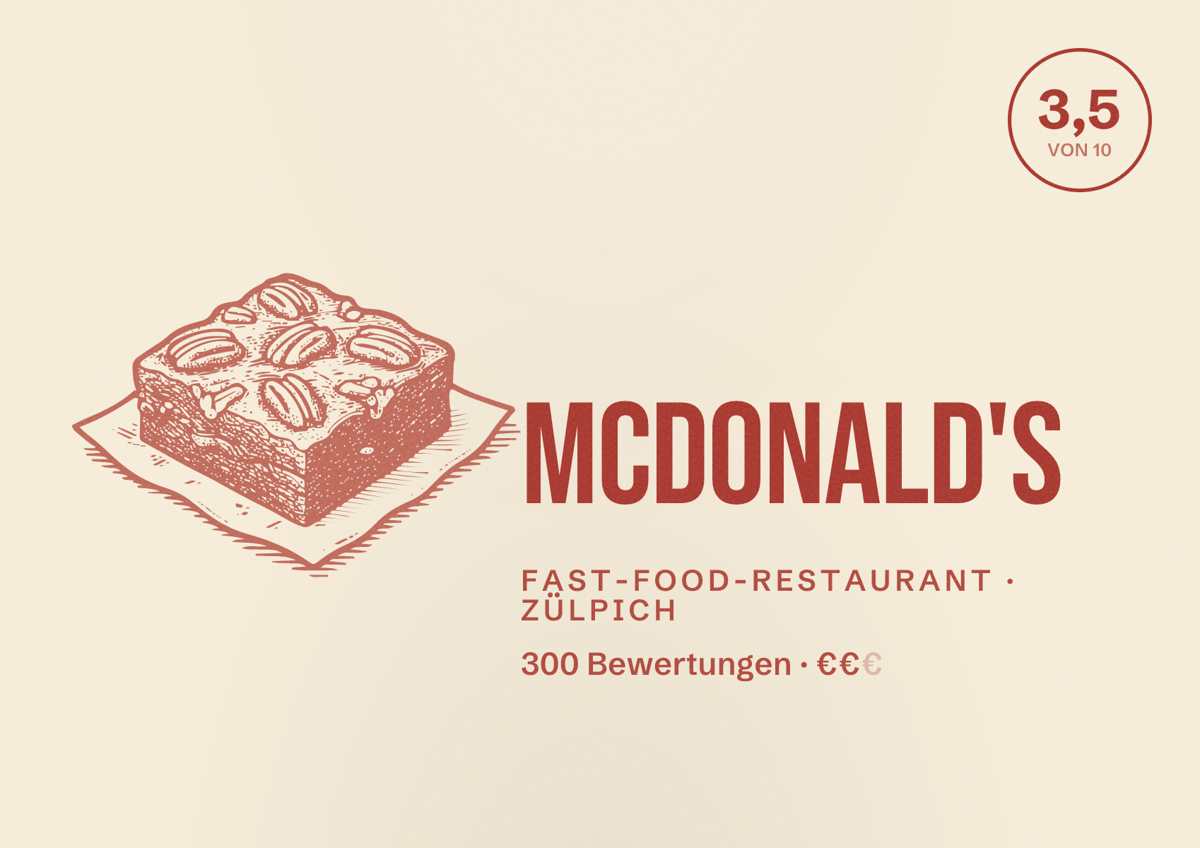 Illustriertes Poster von McDonald's, Fast-Food-Restaurant in Zülpich: Bewertung 3,5 von 10 aus 300 Bewertungen, Preisniveau €€