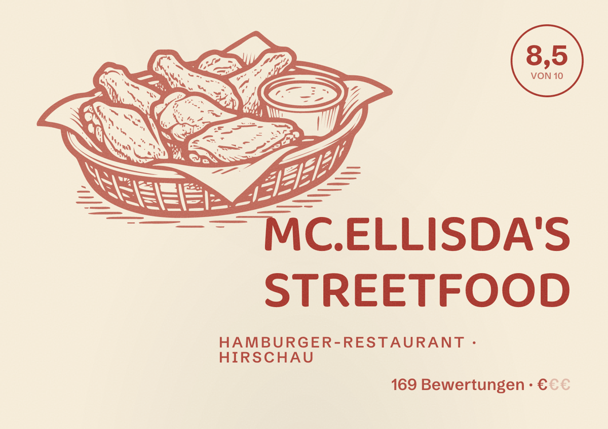 Illustriertes Poster von MC.ELLISDA'S STREETFOOD, Hamburger-Restaurant in Hirschau: Bewertung 8,5 von 10 aus 169 Bewertungen, Preisniveau €