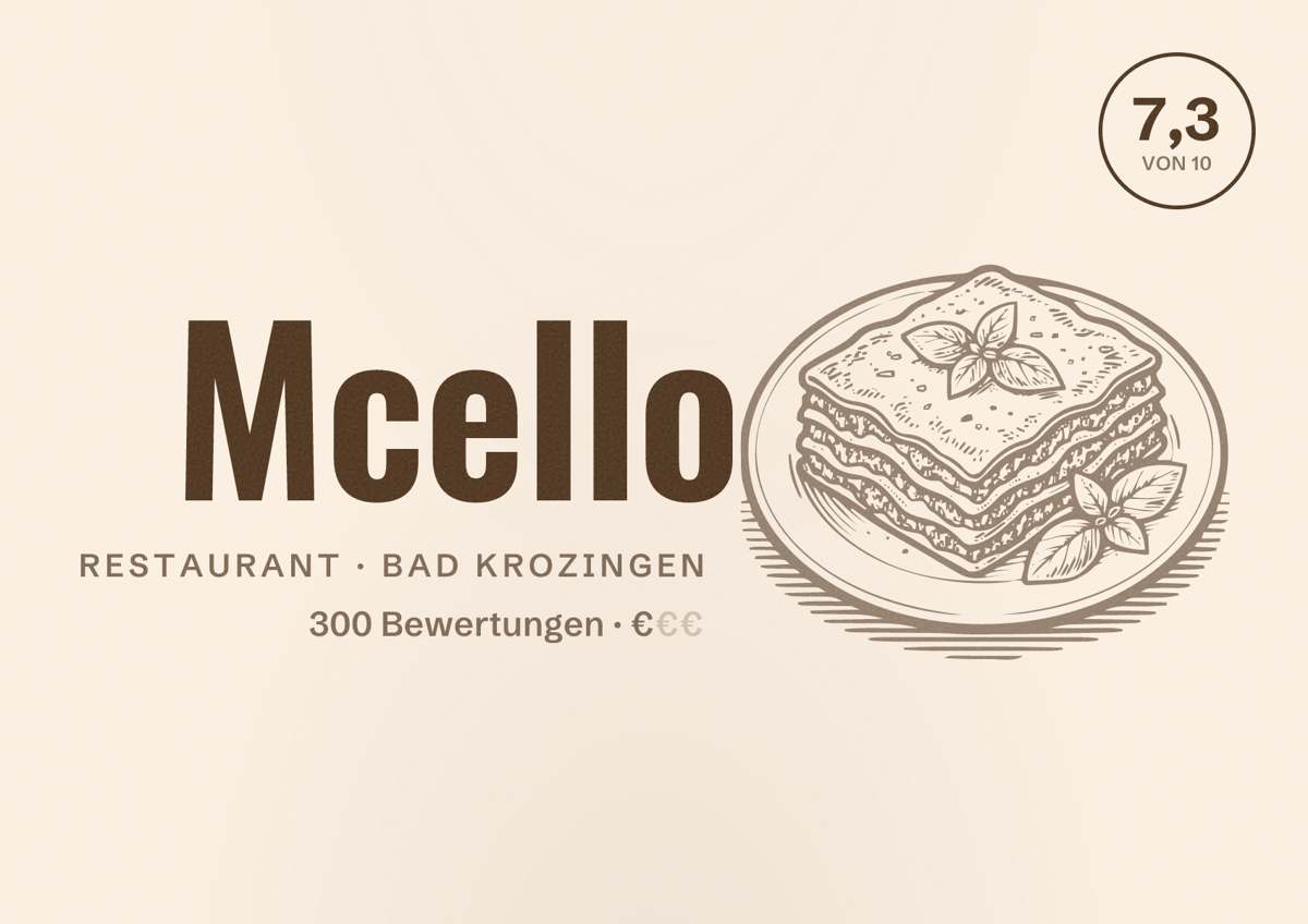 Illustriertes Poster von Mcello, Restaurant in Bad Krozingen: Bewertung 7,3 von 10 aus 300 Bewertungen, Preisniveau €