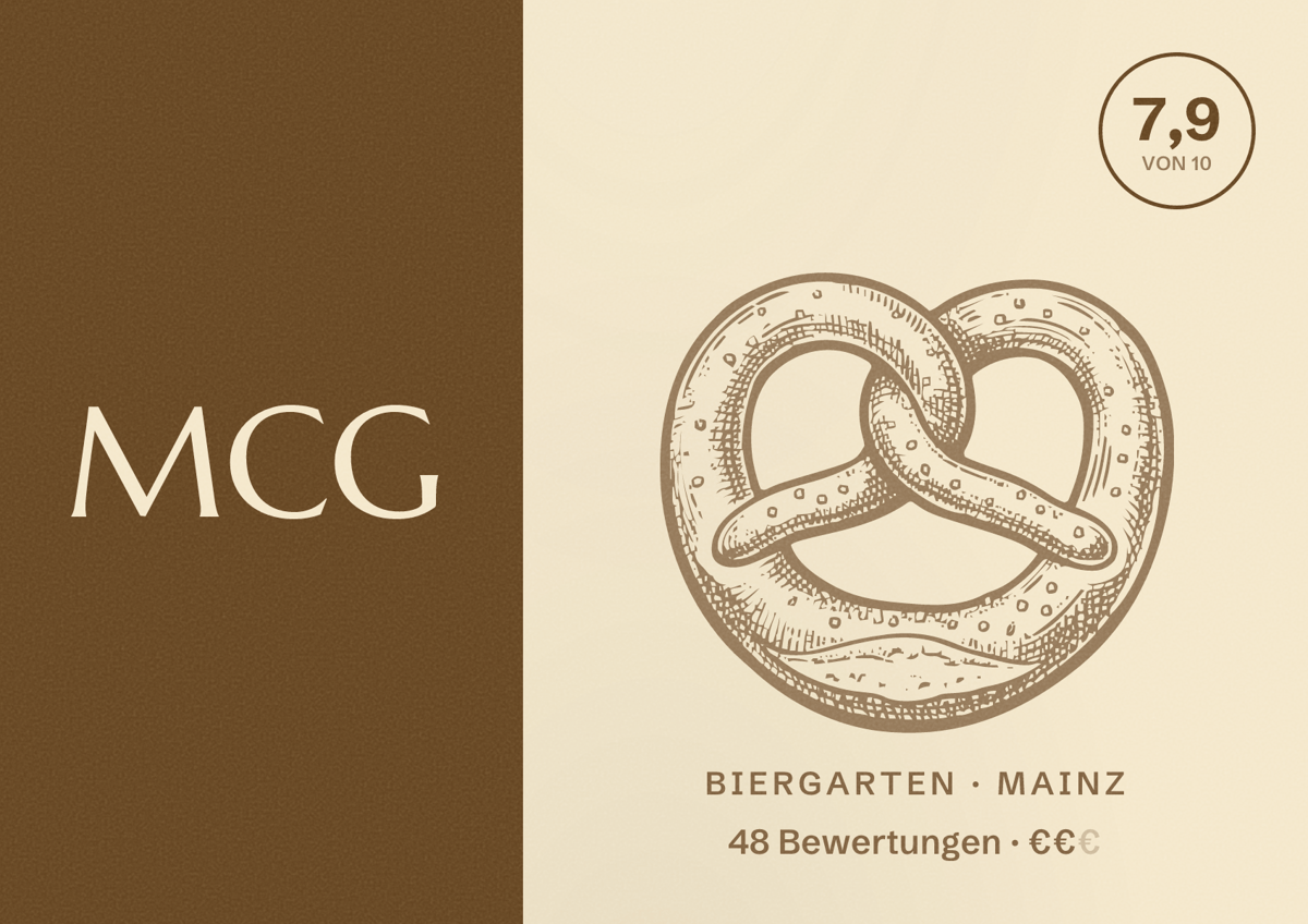 Illustriertes Poster von MCG, Biergarten in Mainz: Bewertung 7,9 von 10 aus 48 Bewertungen, Preisniveau €€