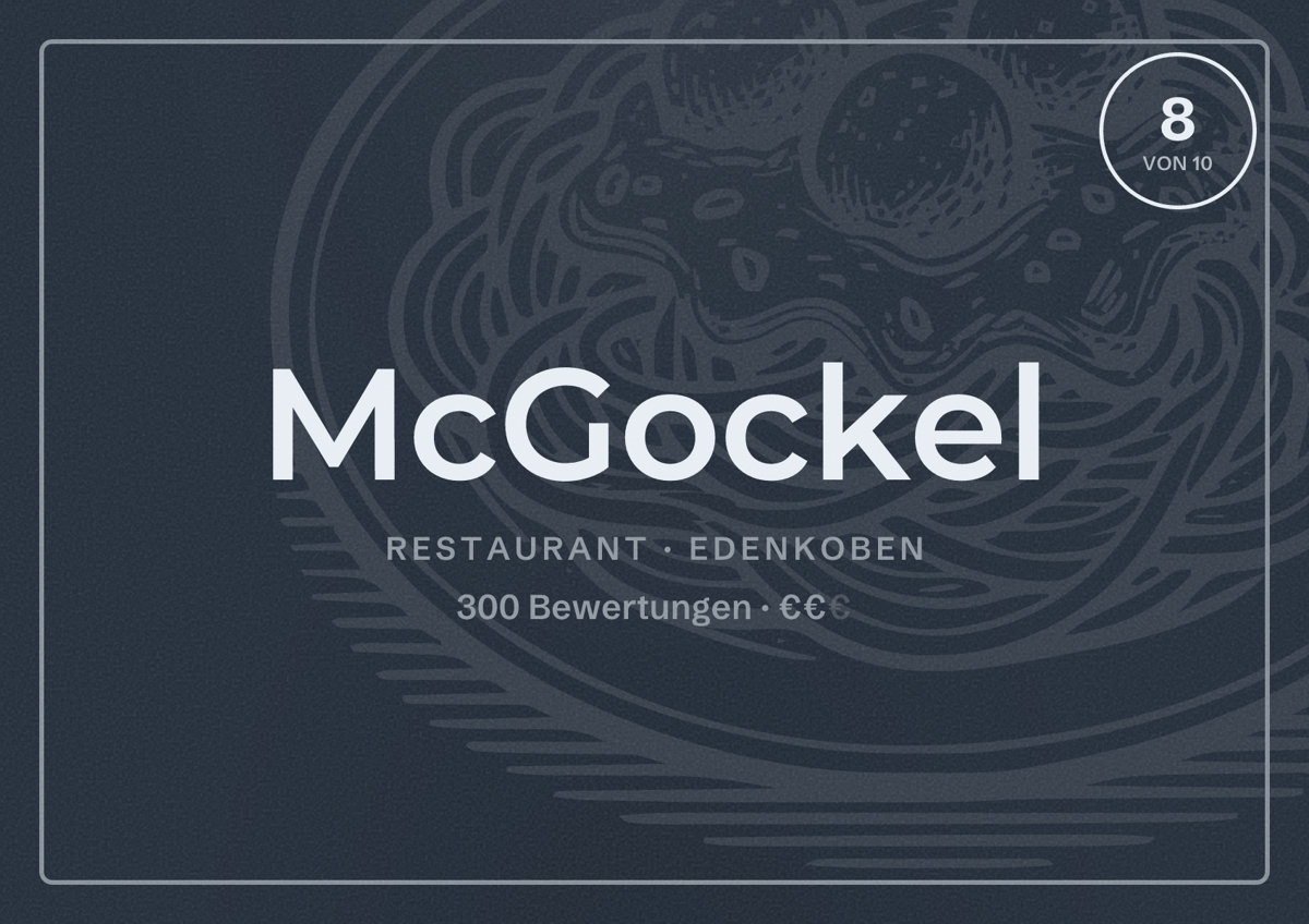 Illustriertes Poster von McGockel, Restaurant in Edenkoben: Bewertung 8 von 10 aus 300 Bewertungen, Preisniveau €€