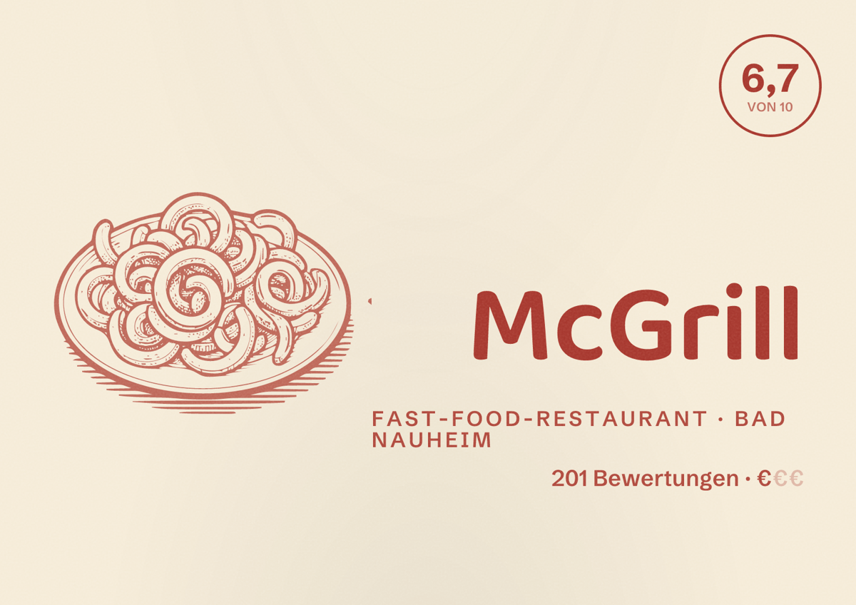 Illustriertes Poster von McGrill, Fast-Food-Restaurant in Bad Nauheim: Bewertung 6,7 von 10 aus 201 Bewertungen, Preisniveau €