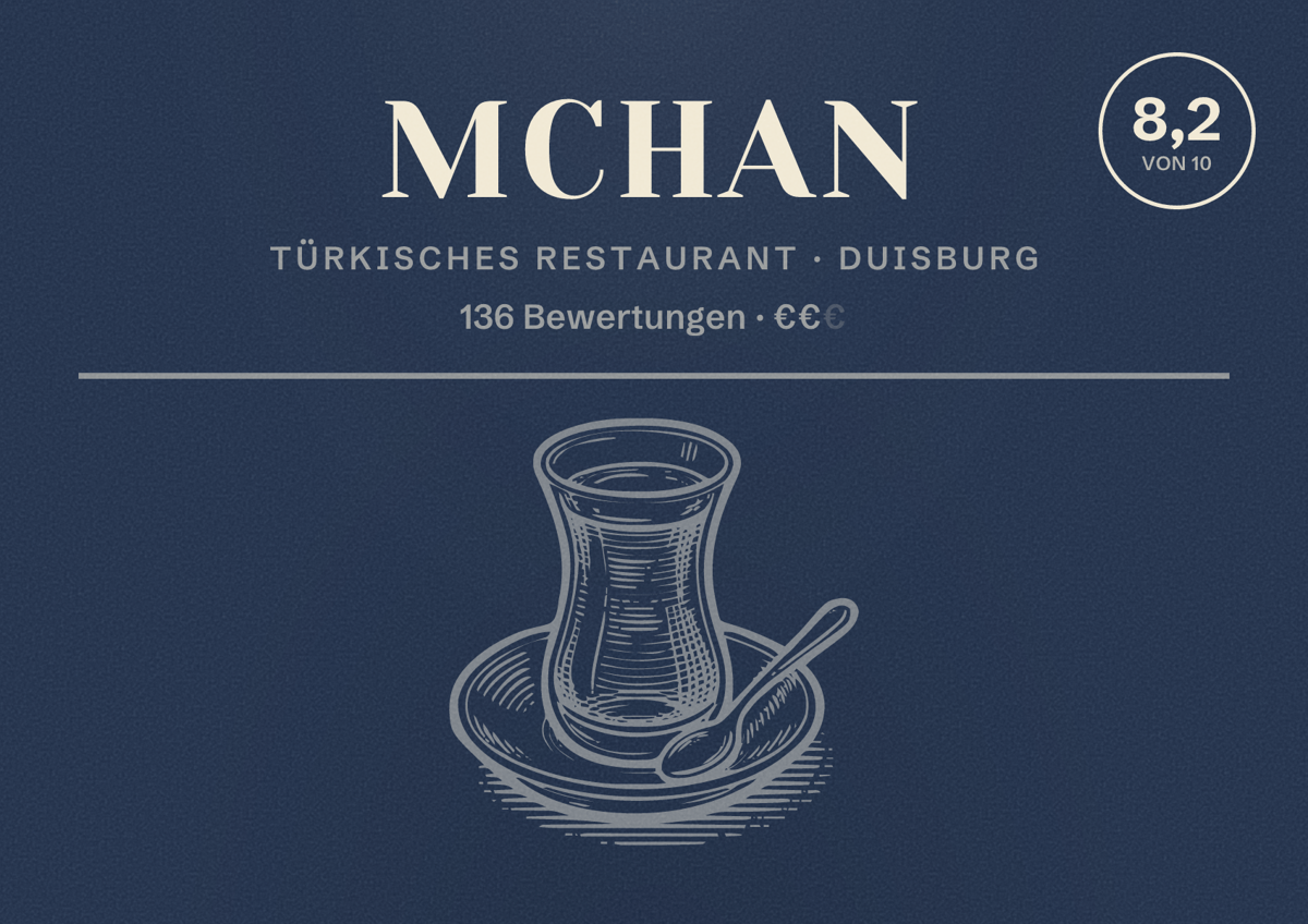 Illustriertes Poster von MCHAN, Türkisches Restaurant in Duisburg: Bewertung 8,2 von 10 aus 136 Bewertungen, Preisniveau €€