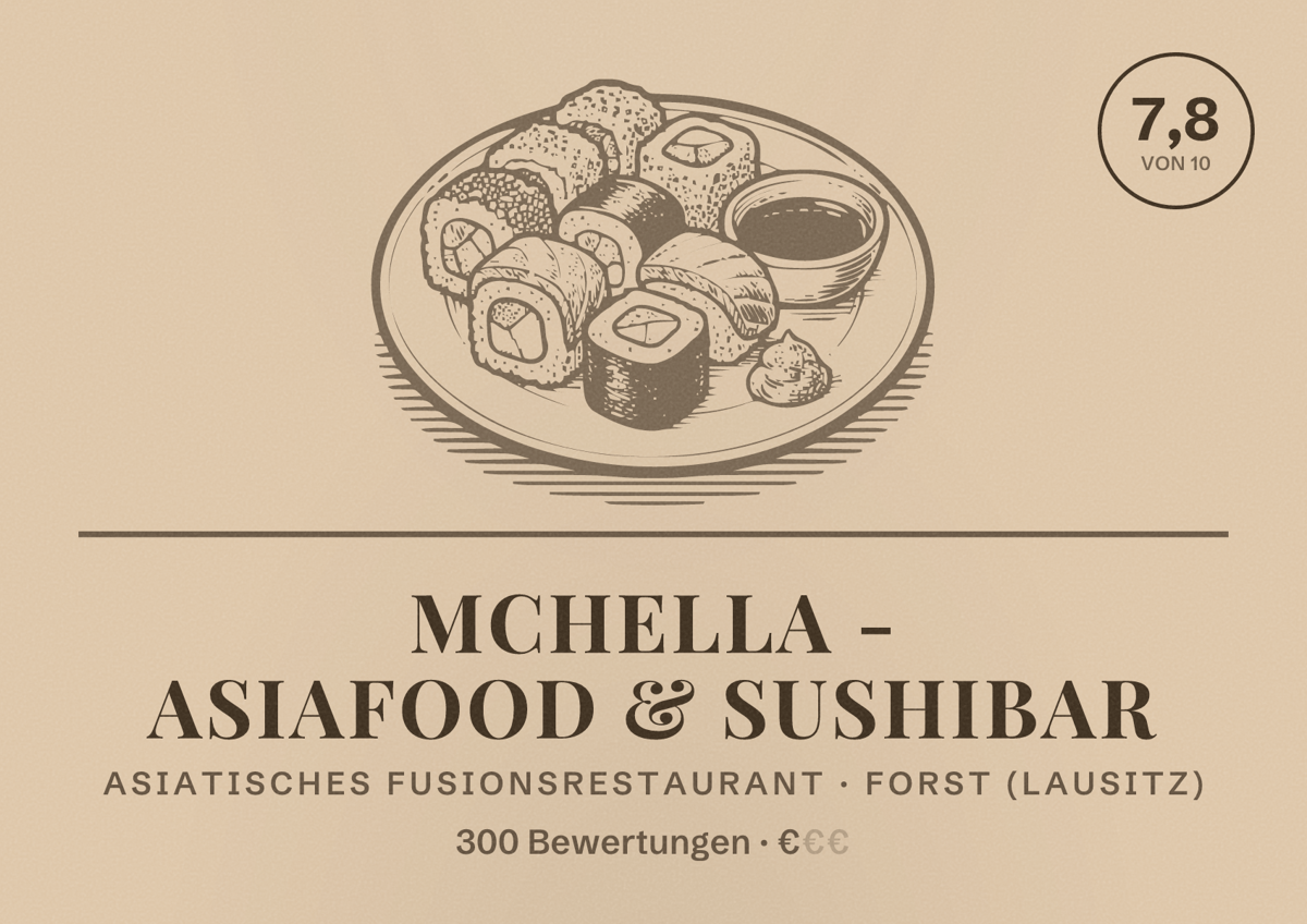 Illustriertes Poster von MCHella - AsiaFood & Sushibar, Asiatisches Fusionsrestaurant in Forst (Lausitz): Bewertung 7,8 von 10 aus 300 Bewertungen, Preisniveau €