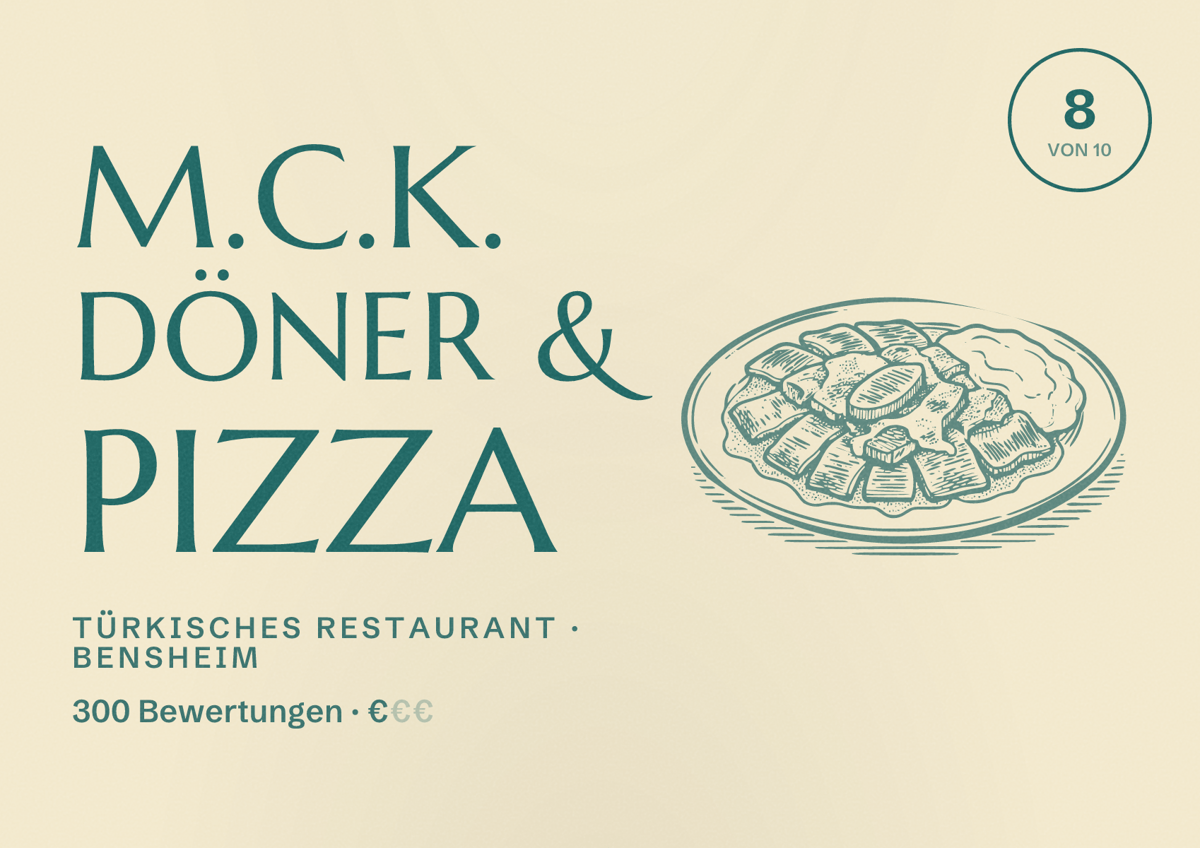 Illustriertes Poster von M.C.K. Döner & Pizza, Türkisches Restaurant in Bensheim: Bewertung 8 von 10 aus 300 Bewertungen, Preisniveau €