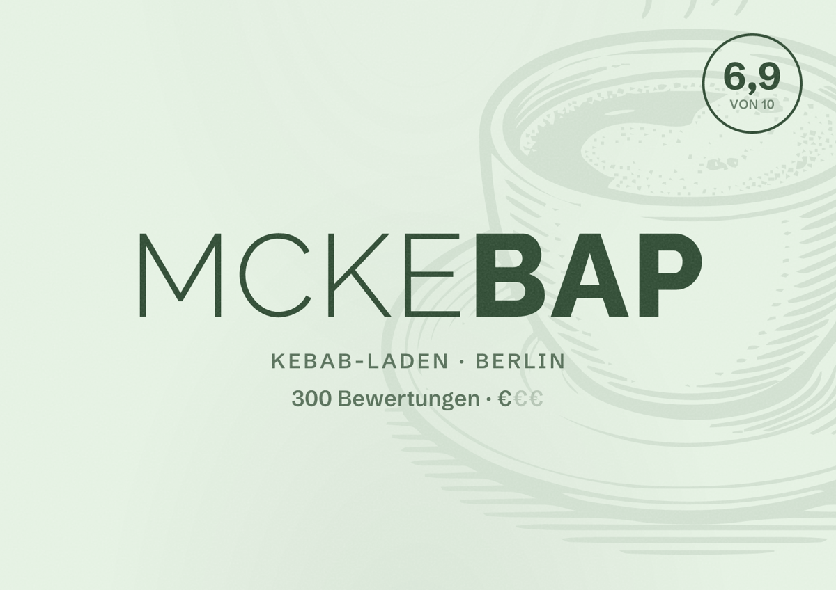 Illustriertes Poster von McKebap, Kebab-Laden in Berlin: Bewertung 6,9 von 10 aus 300 Bewertungen, Preisniveau €