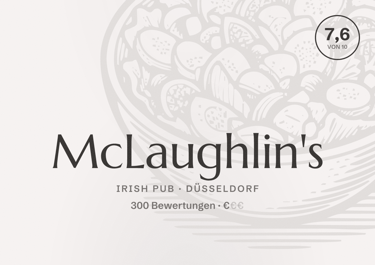 Illustriertes Poster von McLaughlin's, Irish Pub in Düsseldorf: Bewertung 7,6 von 10 aus 300 Bewertungen, Preisniveau €