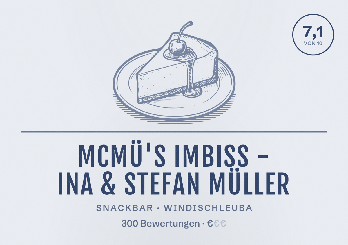 Illustriertes Poster von McMü's Imbiss - Ina & Stefan Müller, Snackbar in Windischleuba: Bewertung 7,1 von 10 aus 300 Bewertungen, Preisniveau €