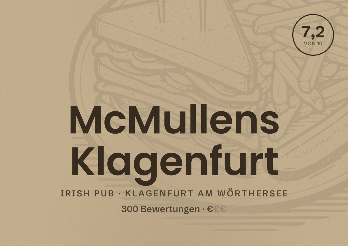 Illustriertes Poster von McMullens Klagenfurt, Irish Pub in Klagenfurt am Wörthersee: Bewertung 7,2 von 10 aus 300 Bewertungen, Preisniveau €